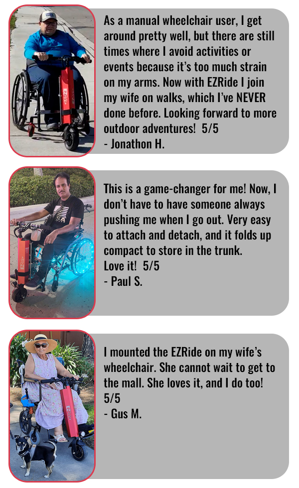 An image of the EZRide unit and the Accessory Pack along with text stating that rigid chairs need the accessory pack, but it's optional for folding wheelchairs